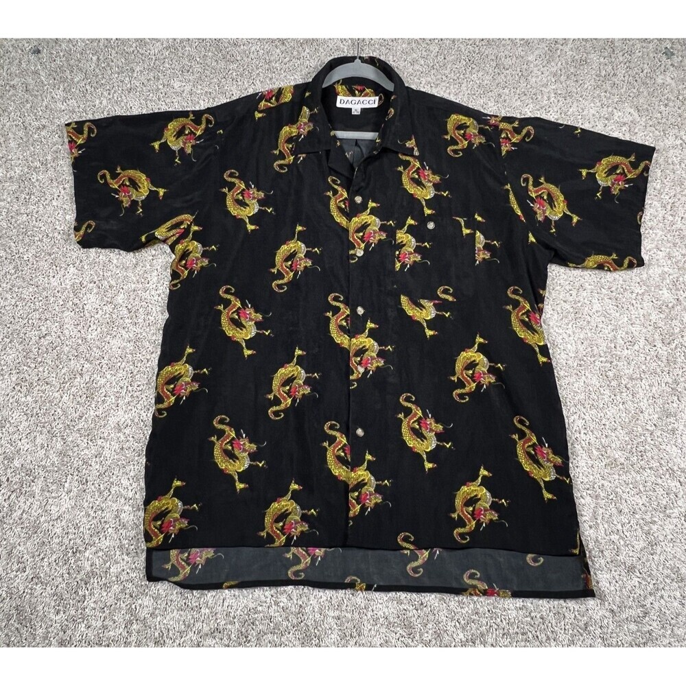 Dagacci Mens Shirt Size XL Black Dragons Print Button Up Short Sleeve